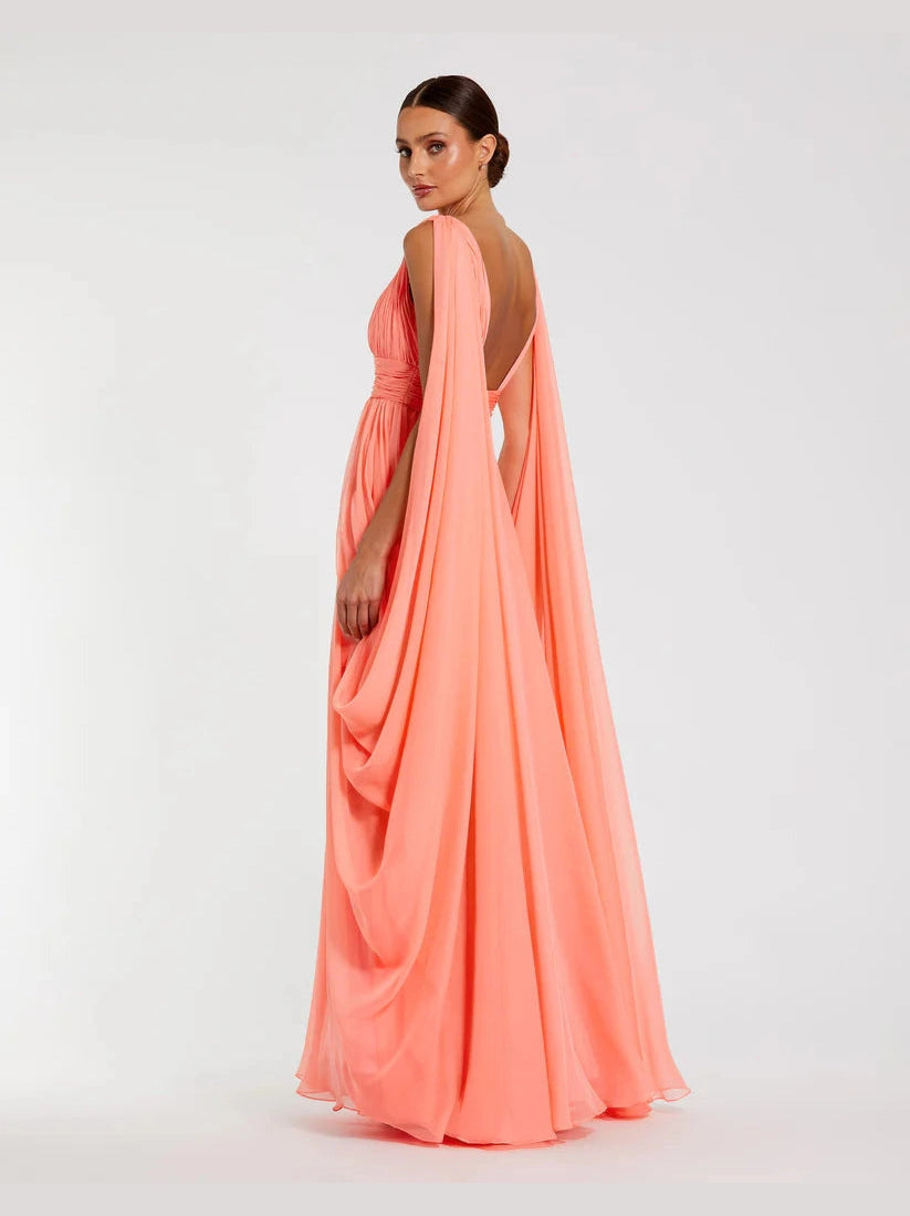 V Neck Chiffon Gown With Draping Details