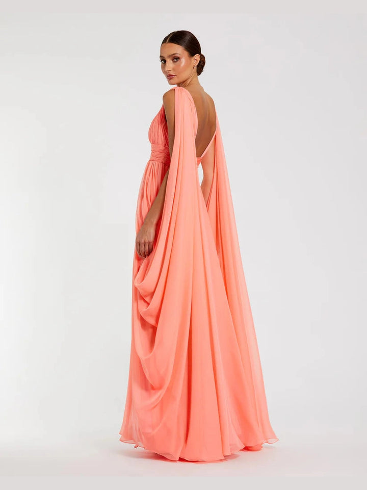V Neck Chiffon Gown With Draping Details