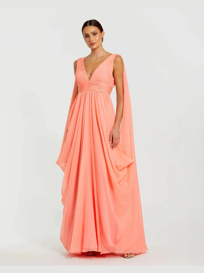 V Neck Chiffon Gown With Draping Details