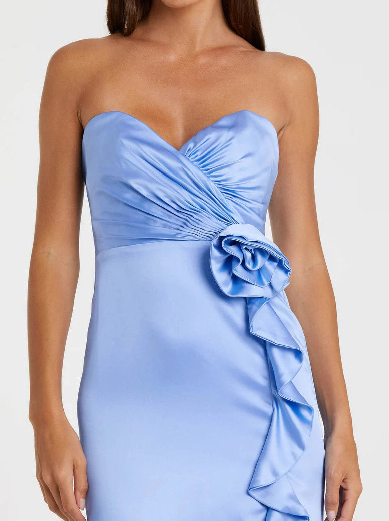 Strapless Satin Column Gown With 3D Flower