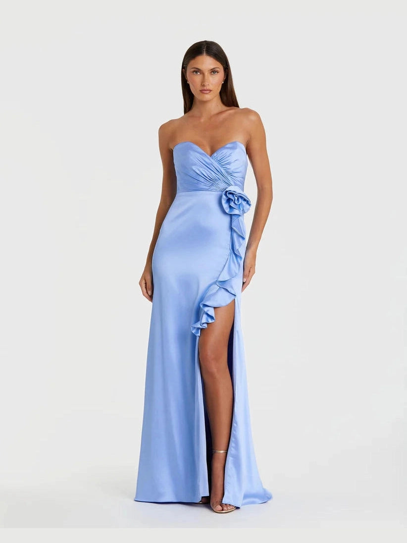 Strapless Satin Column Gown With 3D Flower