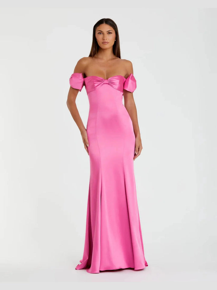 Satin Off The Shoulder Mermaid Gown With Bows