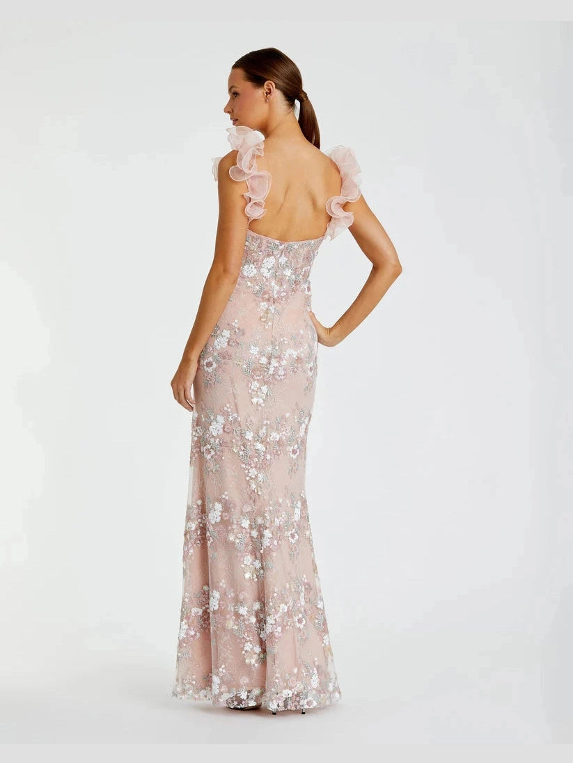 Floral Embroidered Bustier Gown With Ruffle Straps