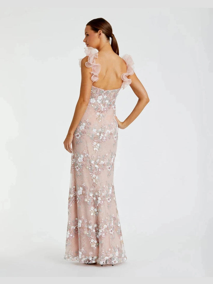 Floral Embroidered Bustier Gown With Ruffle Straps