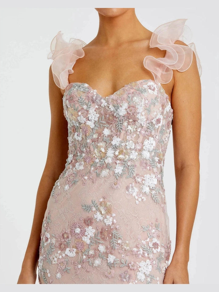 Floral Embroidered Bustier Gown With Ruffle Straps