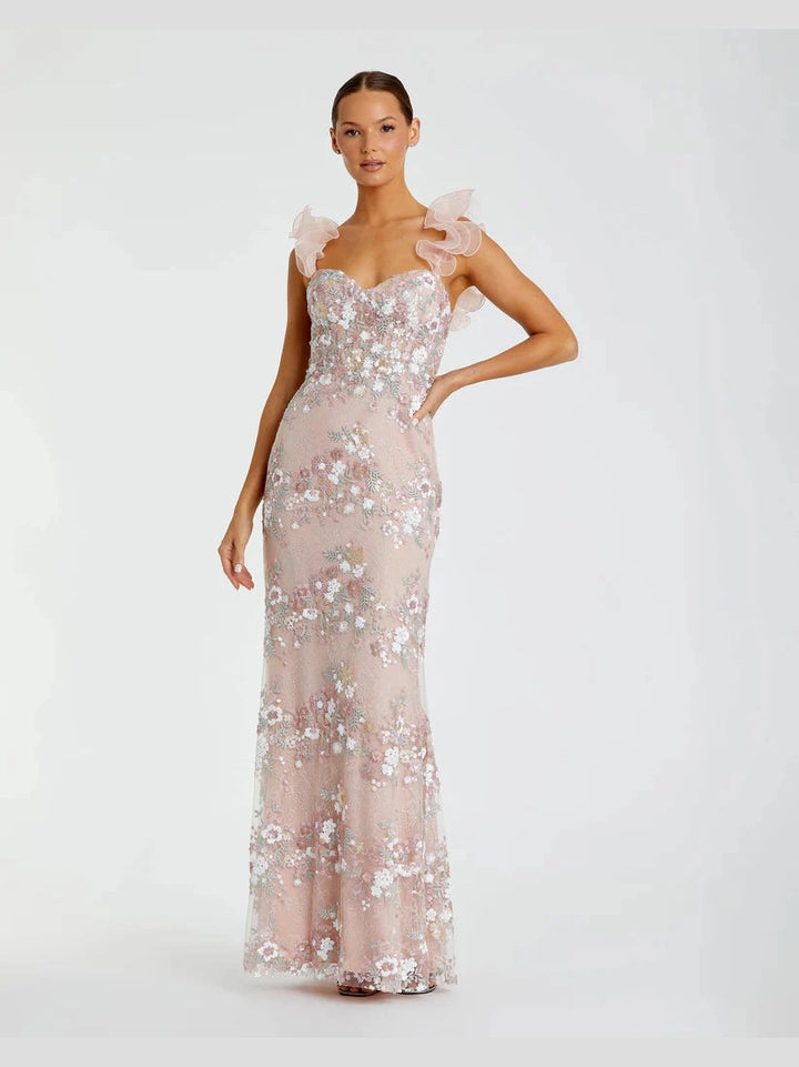 Floral Embroidered Bustier Gown With Ruffle Straps