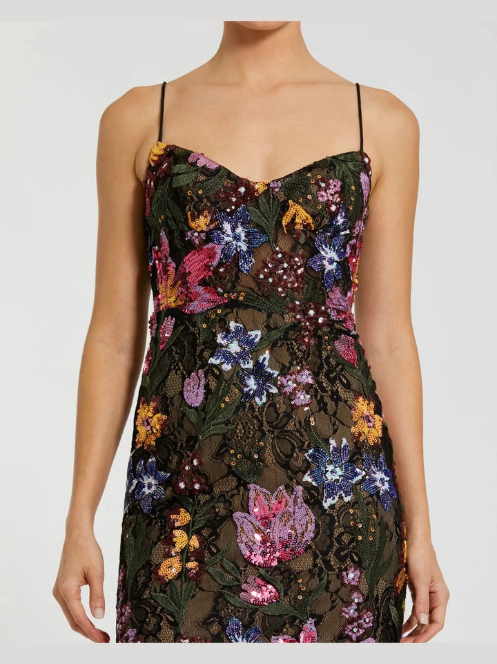 Spaghetti Strap Floral Embroidered Gown