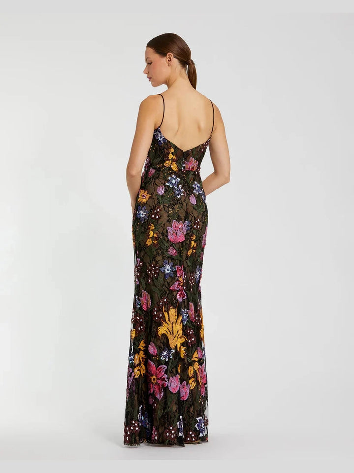 Spaghetti Strap Floral Embroidered Gown