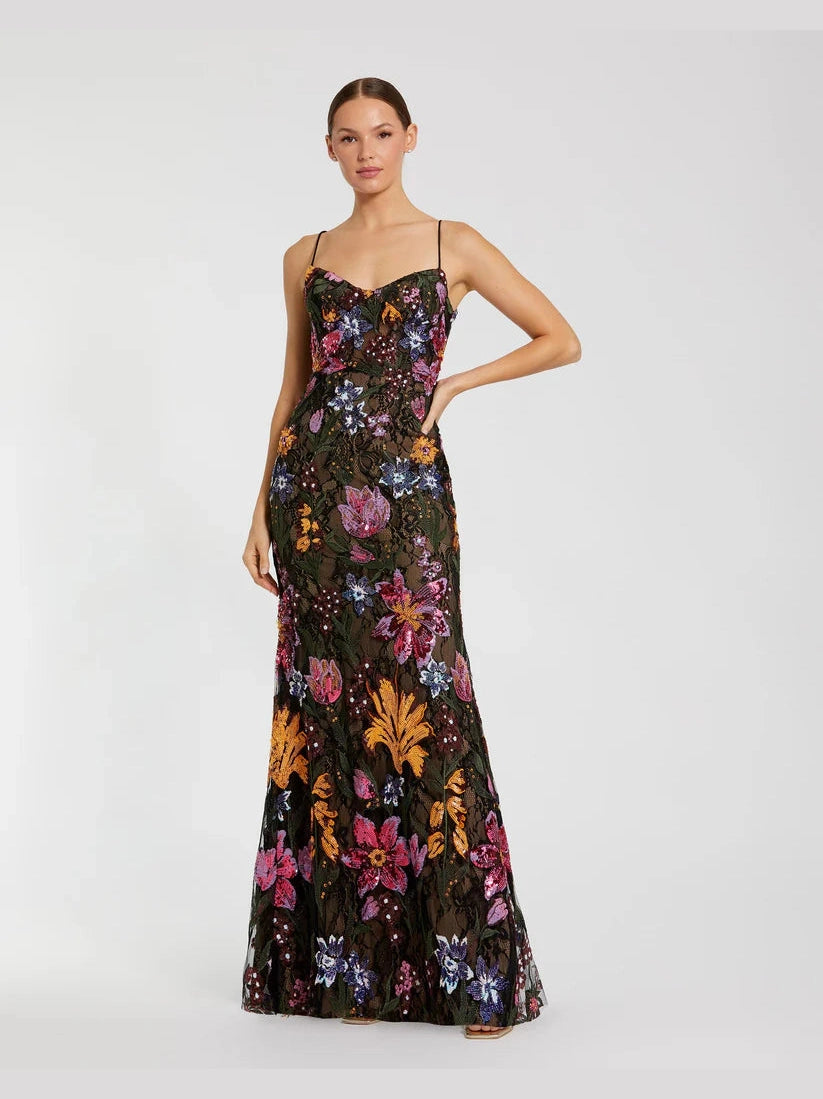 Spaghetti Strap Floral Embroidered Gown