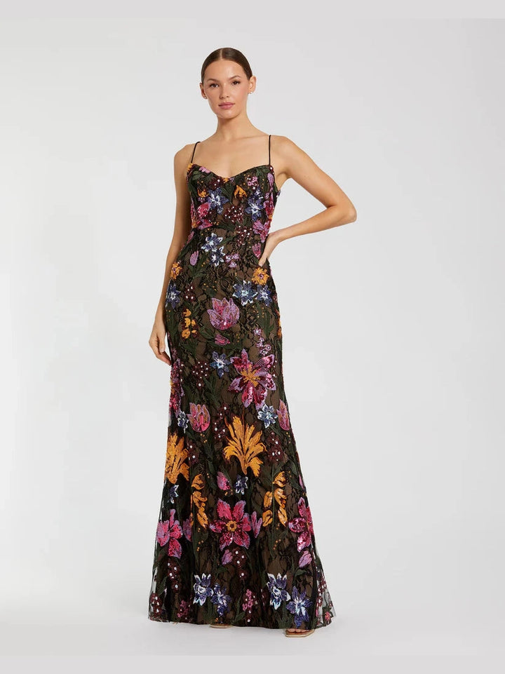 Spaghetti Strap Floral Embroidered Gown