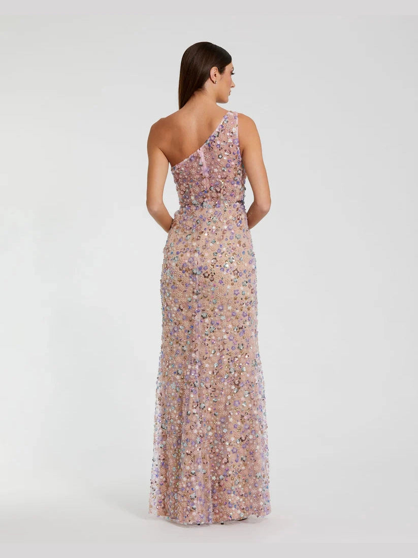 Floral Embellished One Shoulder Gown