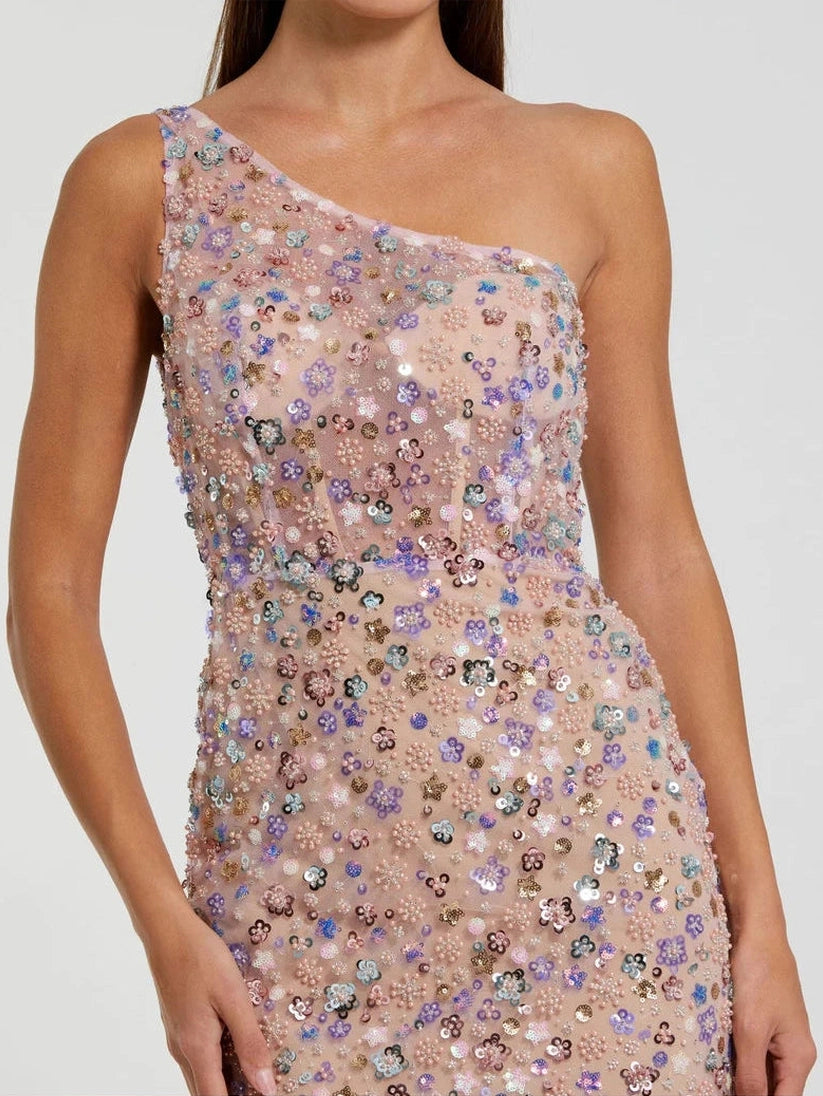 Floral Embellished One Shoulder Gown