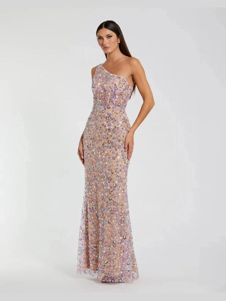 Floral Embellished One Shoulder Gown