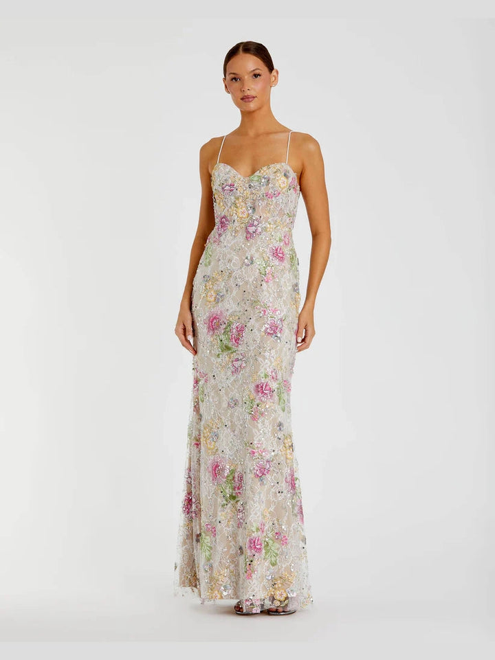 Multicolor Floral Embellished Sleeveless Bustier Gown