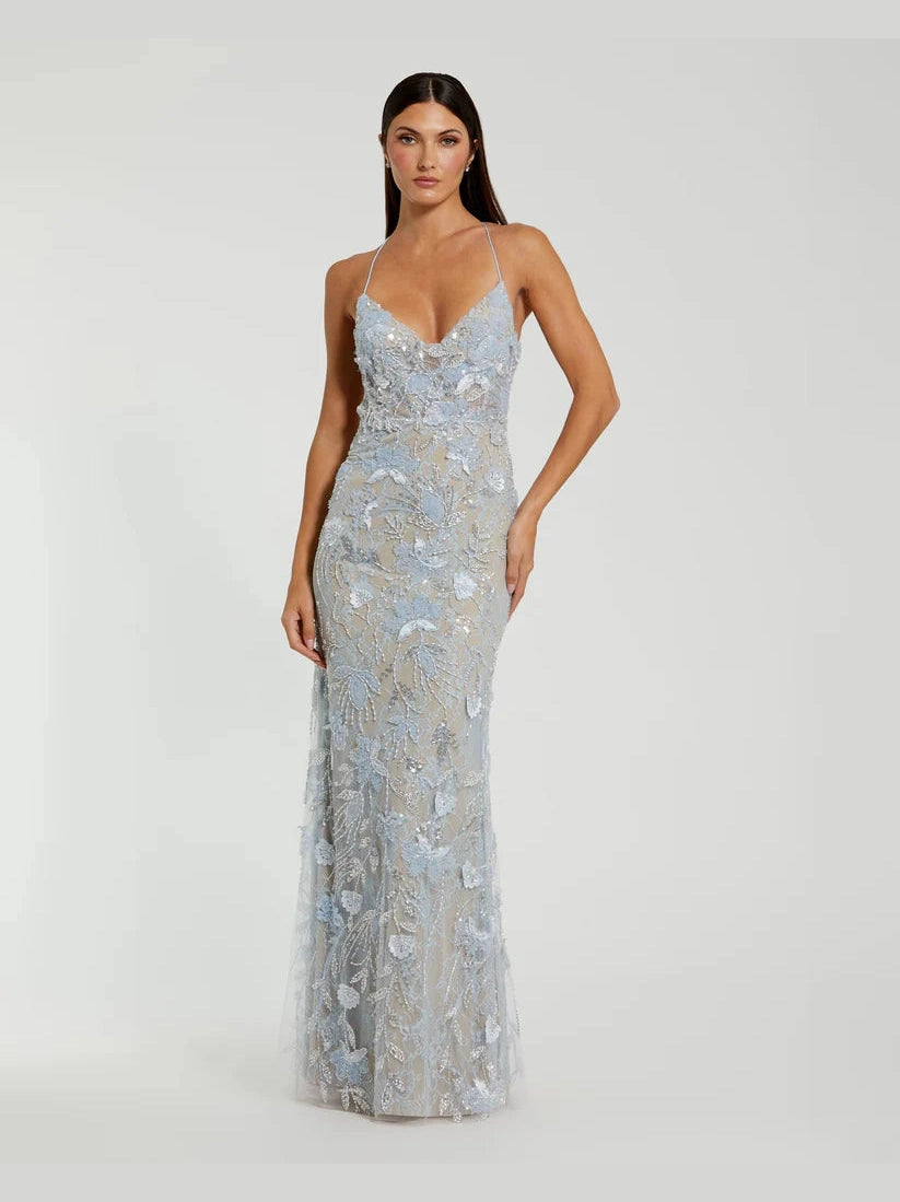 Floral Embroidered Sleeveless Open Back Gown