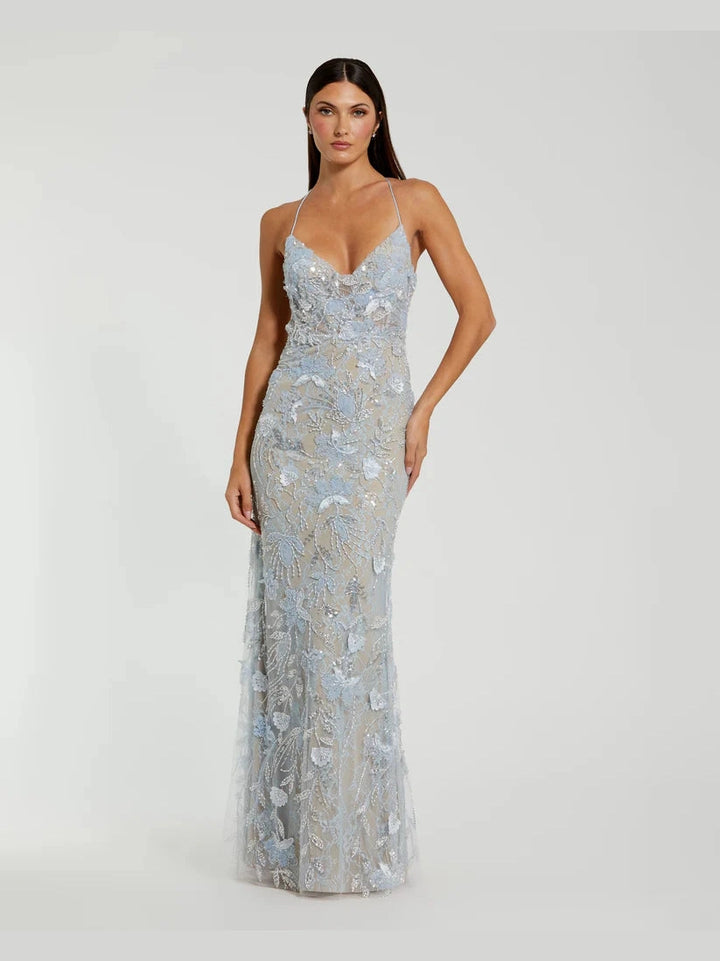 Floral Embroidered Sleeveless Open Back Gown