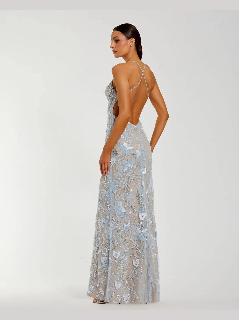 Floral Embroidered Sleeveless Open Back Gown