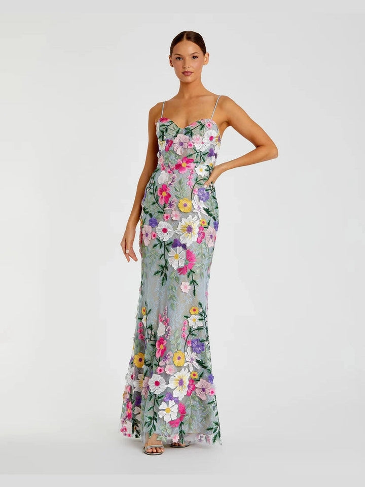 Floral Embroidered Sleeveless Bustier Gown
