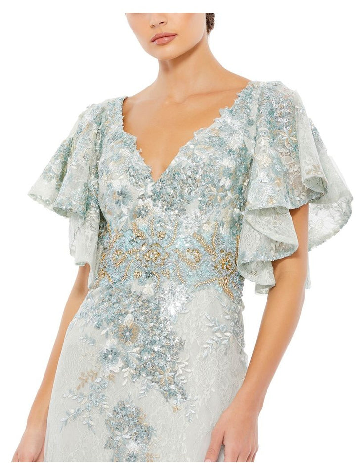 Bell Sleeve Floral Embellished Gown