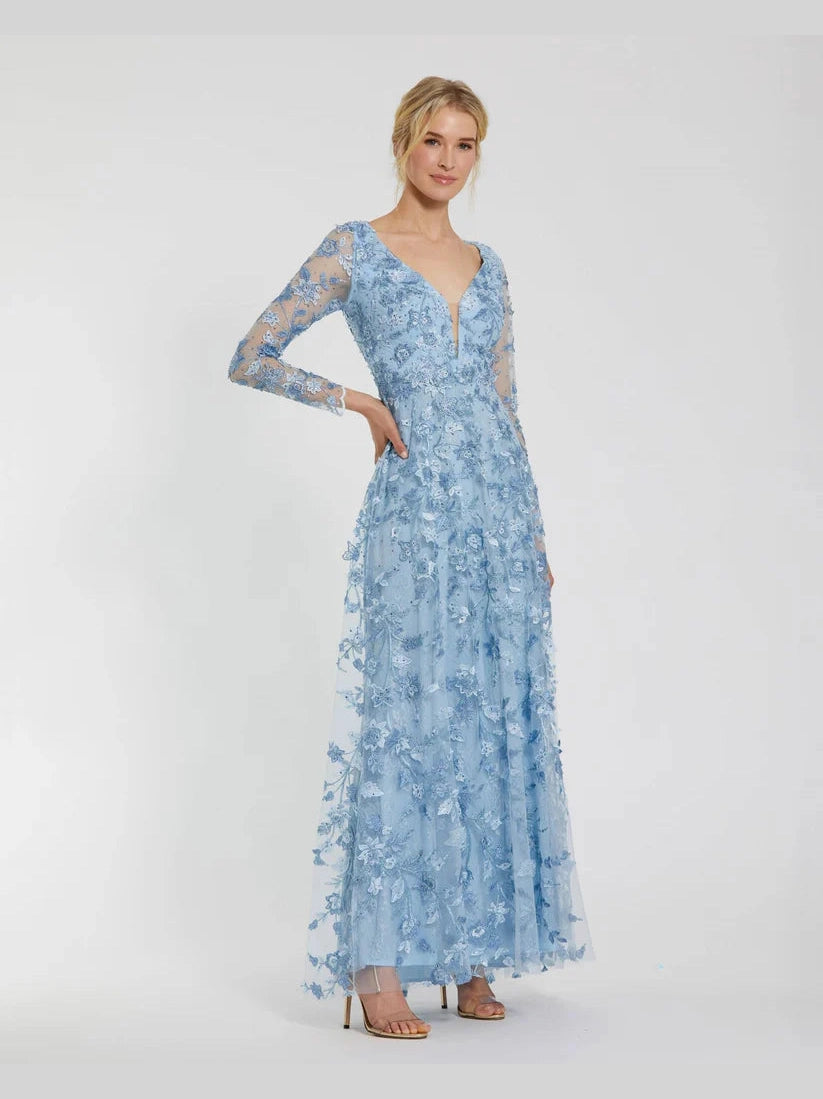 Floral Applique Long Sleeve Illusion Gown