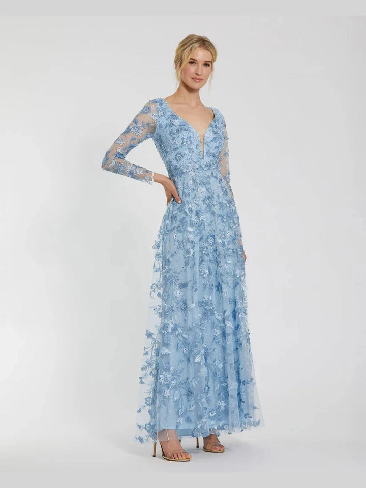 Floral Applique Long Sleeve Illusion Gown