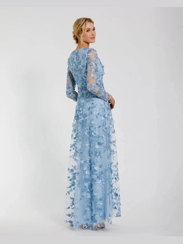 Floral Applique Long Sleeve Illusion Gown