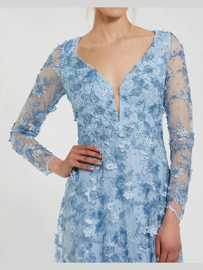 Floral Applique Long Sleeve Illusion Gown