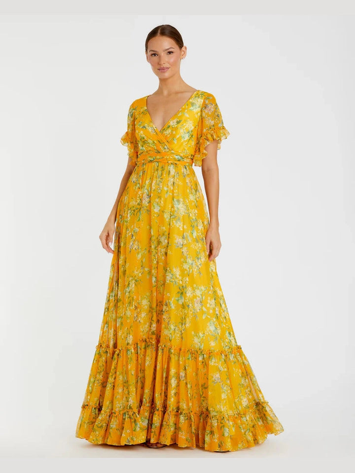 Multicolor Flounce Sleeve Floral Maxi Dress