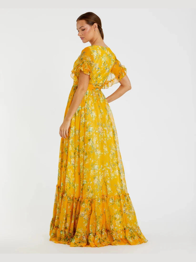 Multicolor Flounce Sleeve Floral Maxi Dress