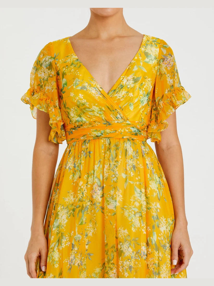 Multicolor Flounce Sleeve Floral Maxi Dress