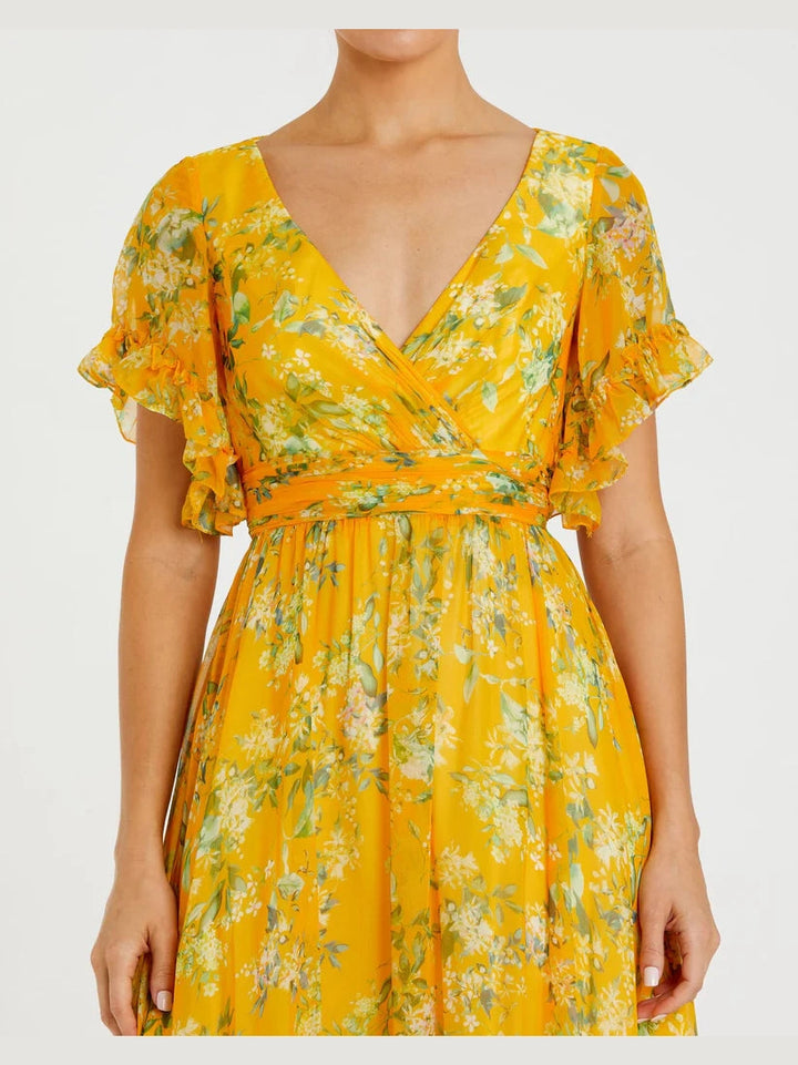 Multicolor Flounce Sleeve Floral Maxi Dress