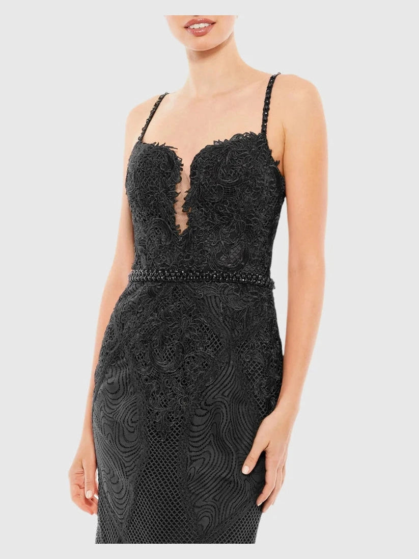 Embroidered Sleeveless Plunge Neck Trumpet Gown