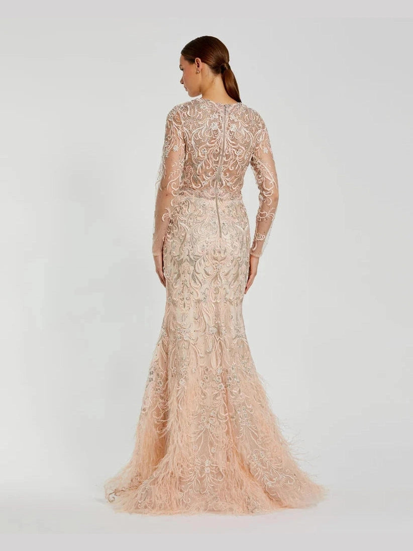 Embroidered Illusion Long Sleeve Trumpet Gown
