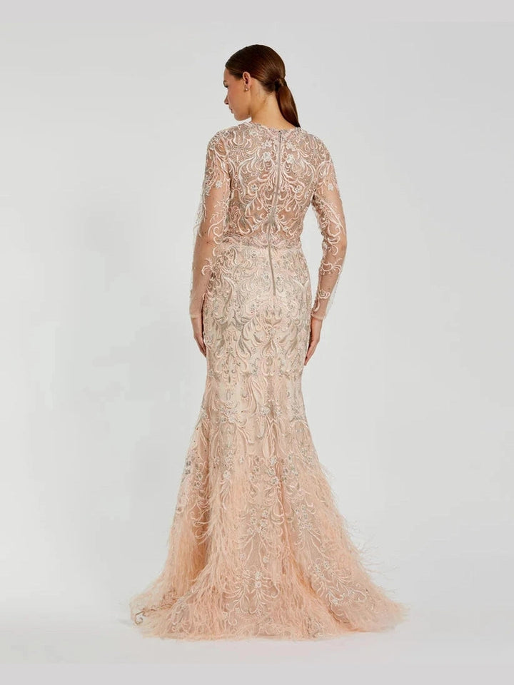 Embroidered Illusion Long Sleeve Trumpet Gown