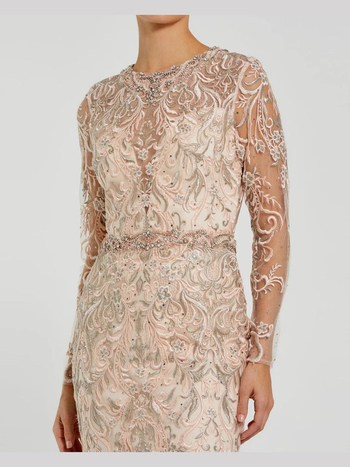 Embroidered Illusion Long Sleeve Trumpet Gown