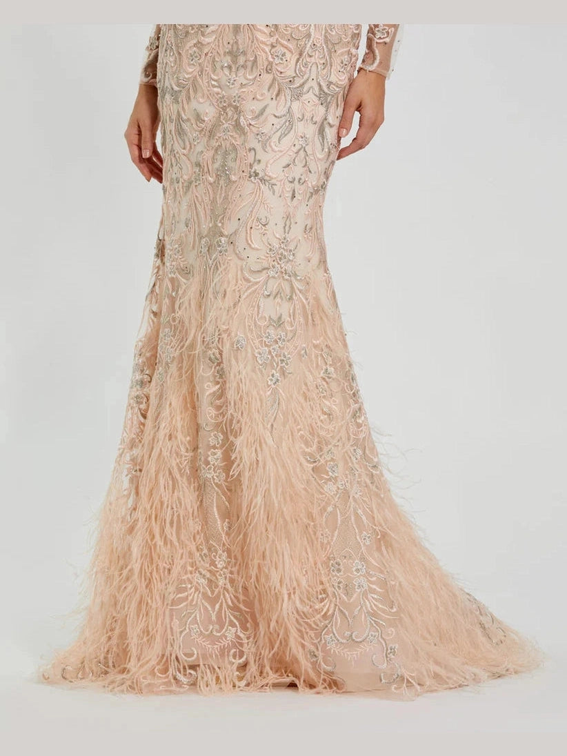 Embroidered Illusion Long Sleeve Trumpet Gown