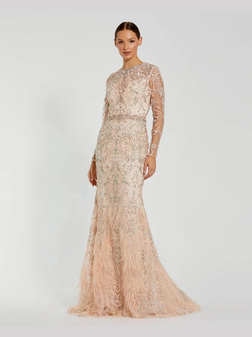 Embroidered Illusion Long Sleeve Trumpet Gown