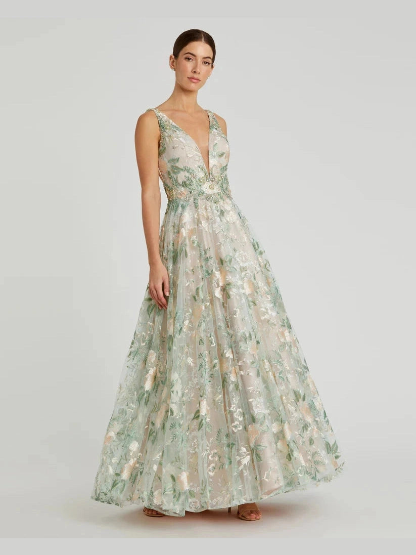 Floral Embroidered Illusion V-Neck Gown