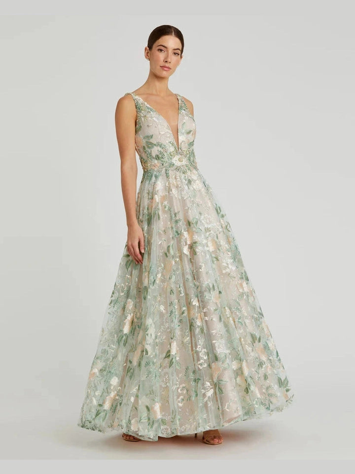 Floral Embroidered Illusion V-Neck Gown