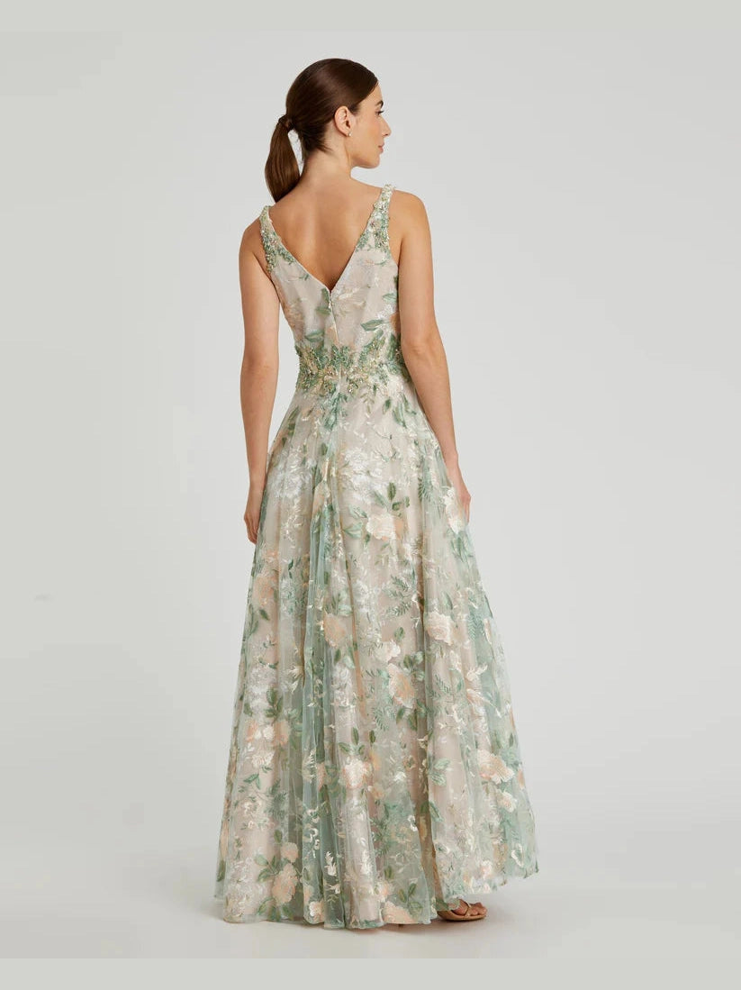 Floral Embroidered Illusion V-Neck Gown