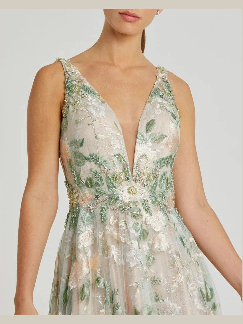 Floral Embroidered Illusion V-Neck Gown
