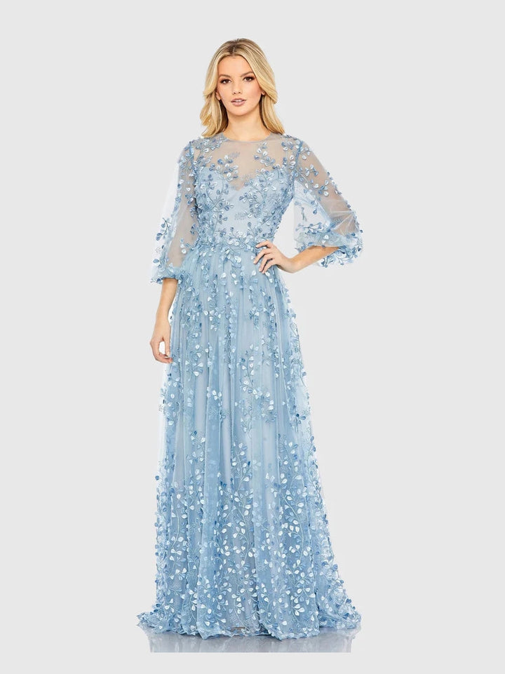 Embroidered Puff Sleeve A-Line Gown