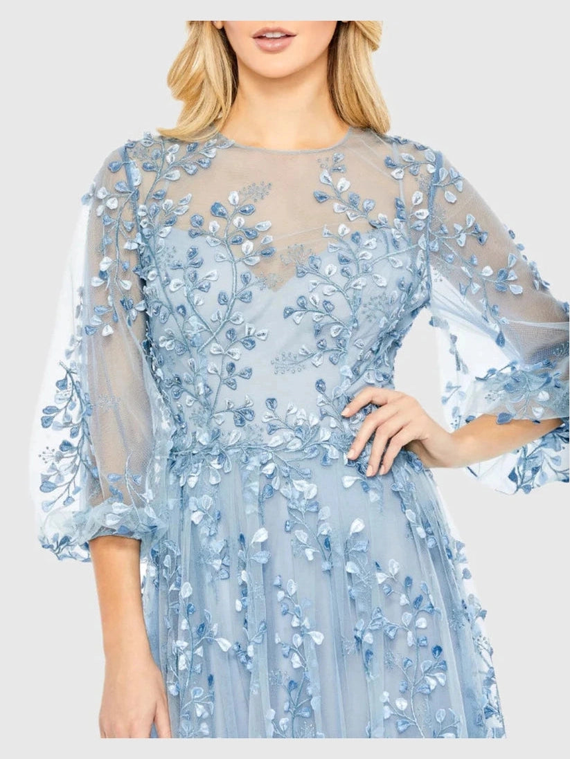 Embroidered Puff Sleeve A-Line Gown