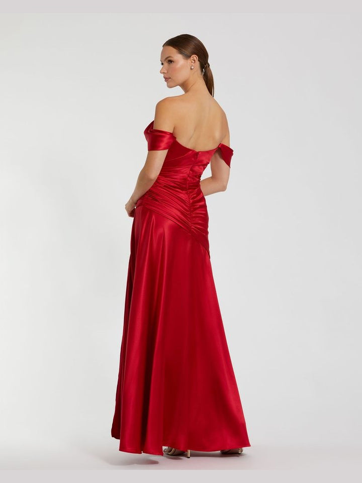 Hard Satin Off The Shoulder Crossover Gown