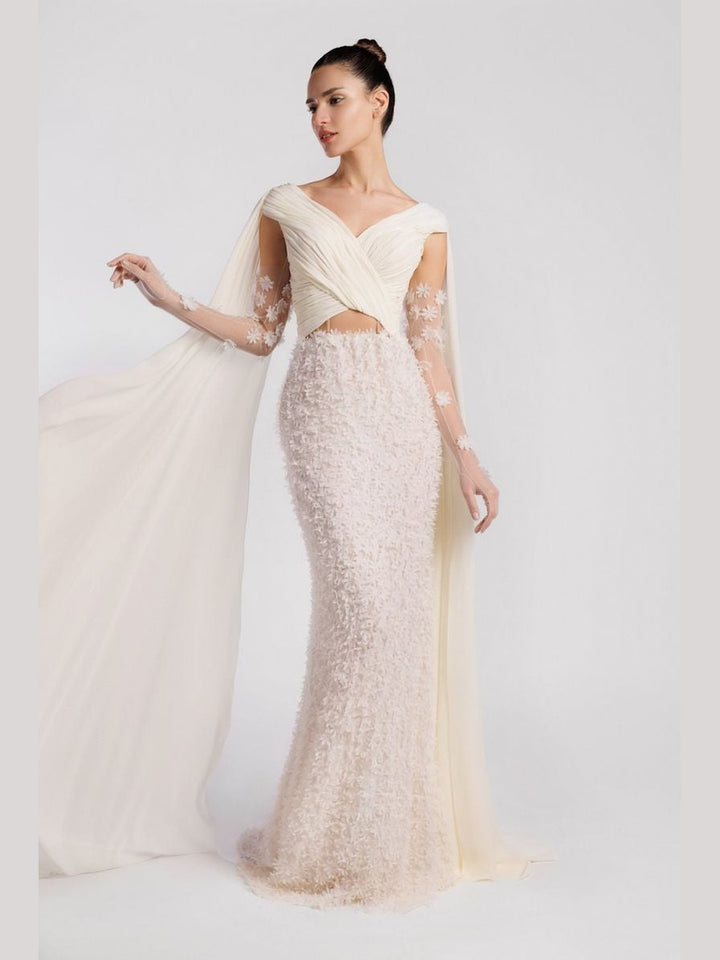 V-Neck Evening Dress with Cape Accents