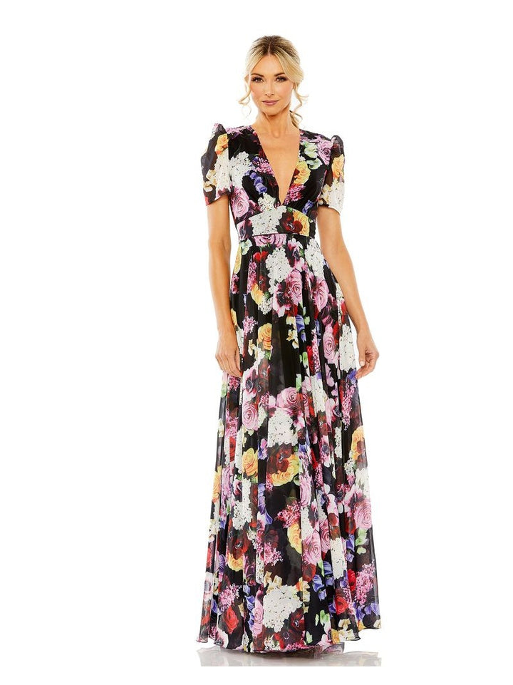 Floral Print Mesh Cap Sleeve Gown