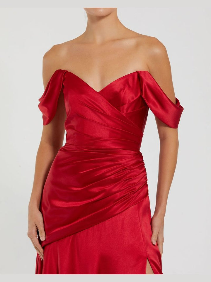 Hard Satin Off The Shoulder Crossover Gown