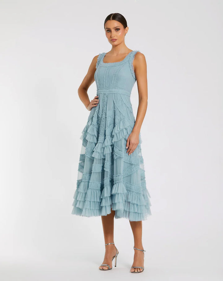 Blue Scoop Neck Sleeveless A-Line Ruffle Midi Dress