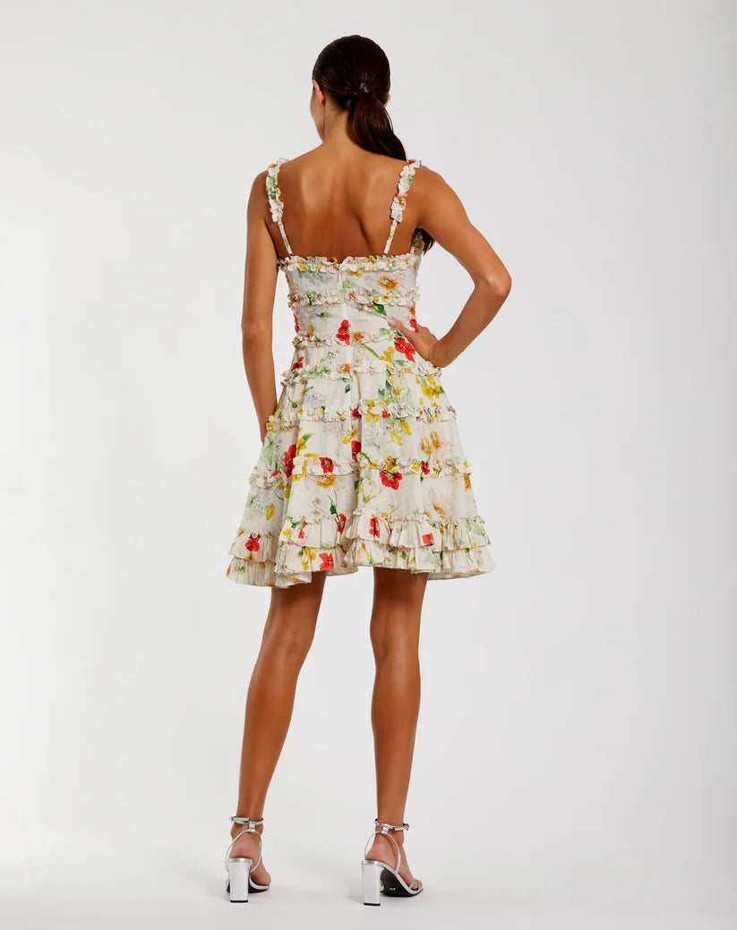 Multicolor Floral Square Neck Ruffle Mini Dress