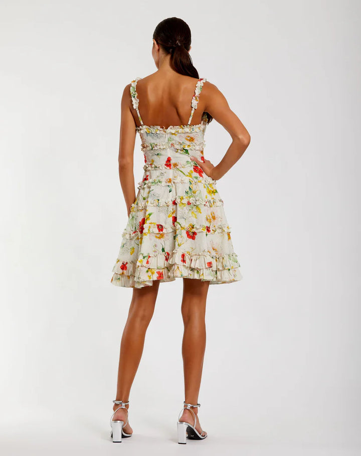 Multicolor Floral Square Neck Ruffle Mini Dress